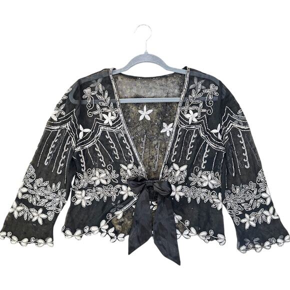 Papell Boutique Evening Jacket Women’s Small Silk Beaded Sheer Embroidered Fairy - Picture 1 of 13